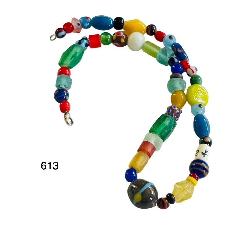 VTG‎ BOHO Art glass Necklace Colorful Beads lampwork Murano trading rare 18